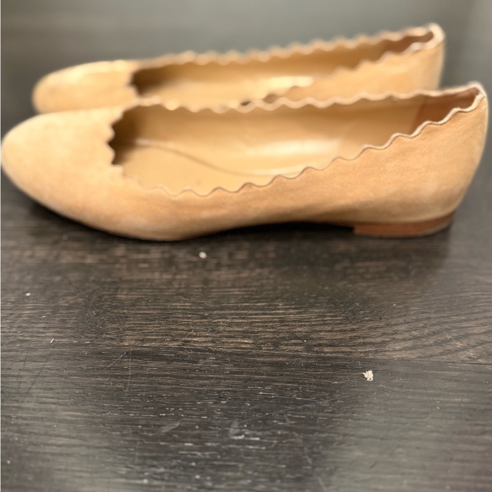Chloe Scalloped Edge Suede Flats in Tan
